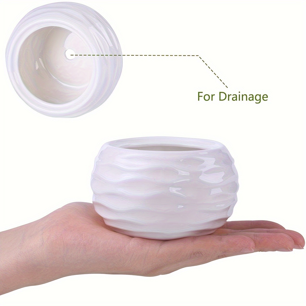 CEEFU 4-Pot Ceramic Succulent Planter Set with Stand Modern White Ripple-Texture Pots with Drainage for Indoor & Outdoor Plants