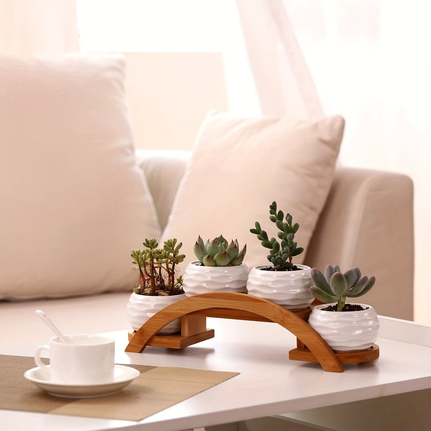 CEEFU 4-Pot Ceramic Succulent Planter Set with Stand Modern White Ripple-Texture Pots with Drainage for Indoor & Outdoor Plants