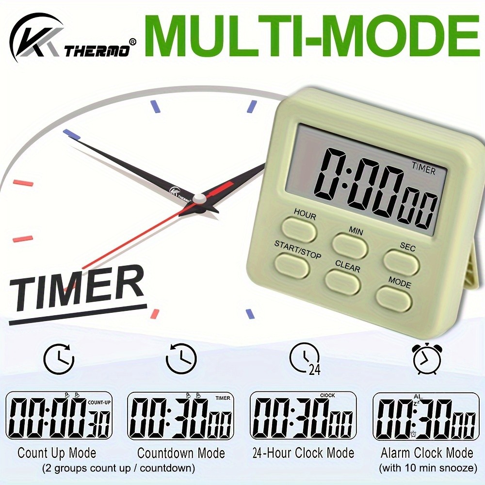 KT THERMO Digital LCD Alarm Clock & Multi-Mode Timer  24-Hour Display with Memory, Count-Up/Down & Stand/Hanging Hook