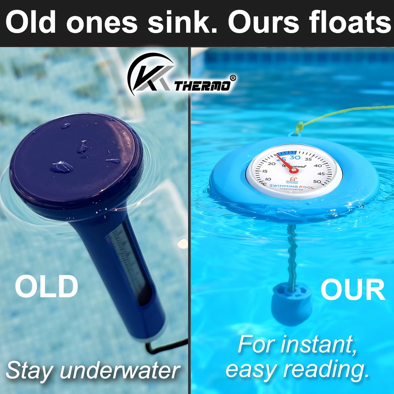 KT THERMO Floating Pool Thermometer Easy-Read Celsius Dial with Rope & Suction Cup for Pools, Spas & Hot Tubs