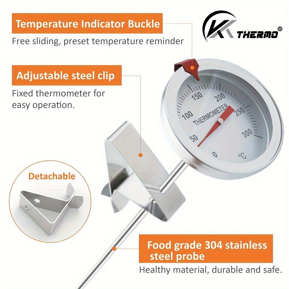 KT THERMO Stainless Steel Deep Fry Thermometer with Pot Clip  Long-Probe Food-Safe Gauge for Frying, BBQ & Baking
