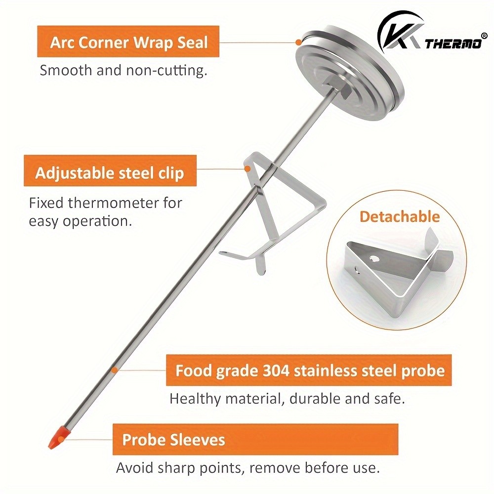 KT THERMO Stainless Steel Deep Fry Thermometer with Pot Clip  Long-Probe Food-Safe Gauge for Frying, BBQ & Baking