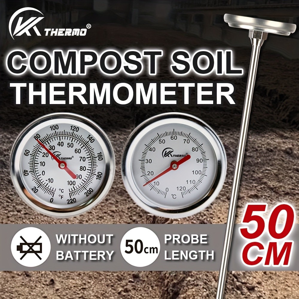 KT THERMO 50cm Stainless Steel Compost & Soil Thermometer  Long-Probe C/F Gauge for Gardening, Farming & Outdoor Planting