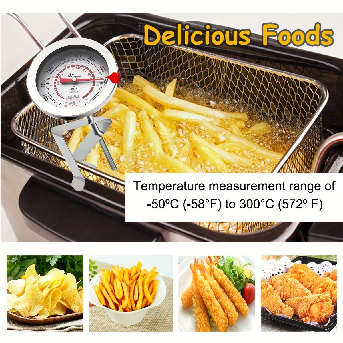 KT THERMO Long-Probe Deep Fry Thermometer with Adjustable Needle  Stainless Steel 30.48cm Clip-On Gauge for BBQ, Frying & Cooking