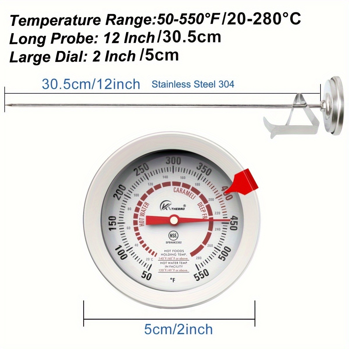 KT THERMO Long-Probe Deep Fry Thermometer with Adjustable Needle  Stainless Steel 30.48cm Clip-On Gauge for BBQ, Frying & Cooking