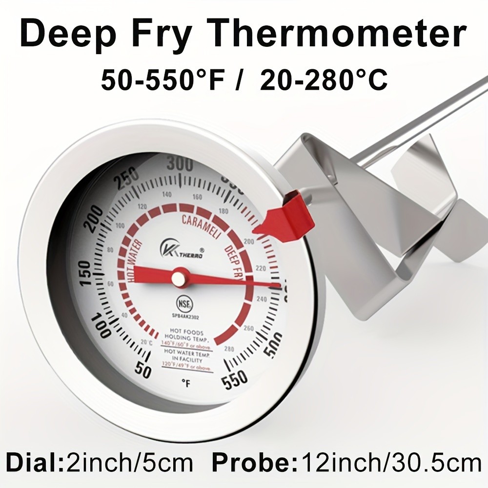 KT THERMO Long-Probe Deep Fry Thermometer with Adjustable Needle  Stainless Steel 30.48cm Clip-On Gauge for BBQ, Frying & Cooking