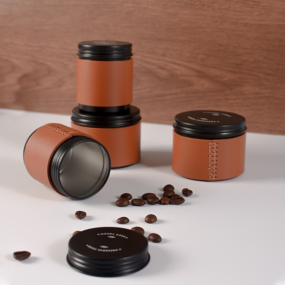 KT THERMO Portable Coffee Bean Storage Jar  Aluminium Alloy & PU Leather Mini Canister for Coffee, Tea & Flower Tea
