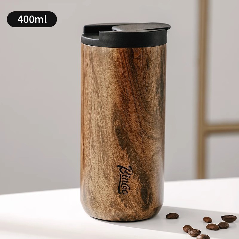 Bincoo Vintage Wood-Grain Insulated Coffee Cup  Stainless Steel Thermal Mug for Stylish On-the-Go Sipping