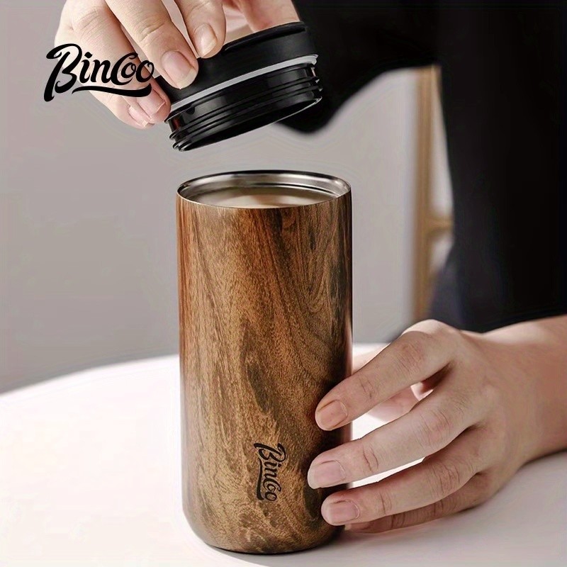 Bincoo Vintage Wood-Grain Insulated Coffee Cup  Stainless Steel Thermal Mug for Stylish On-the-Go Sipping