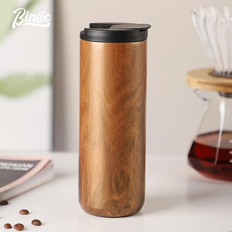 Bincoo Wood-Grain Vacuum Insulated Coffee Mug  Double-Wall Stainless Steel Portable Tumbler with Hanging Earl Design
