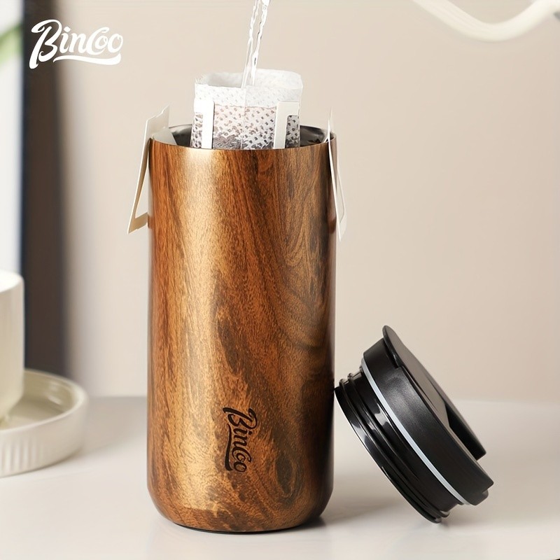 Bincoo Wood-Grain Vacuum Insulated Coffee Mug  Double-Wall Stainless Steel Portable Tumbler with Hanging Earl Design
