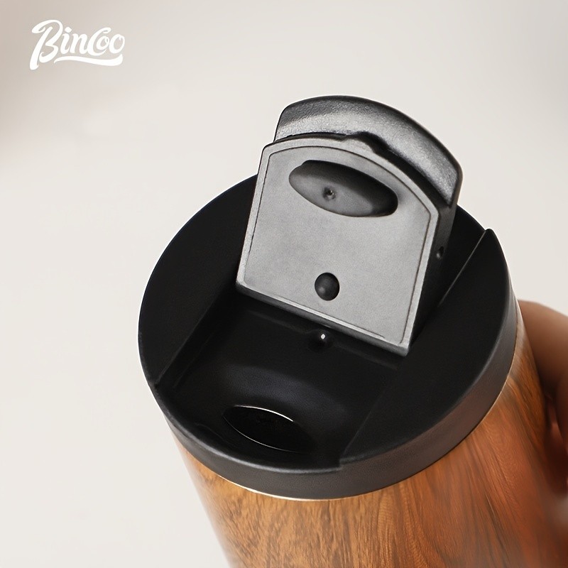 Bincoo Wood-Grain Vacuum Insulated Coffee Mug  Double-Wall Stainless Steel Portable Tumbler with Hanging Earl Design
