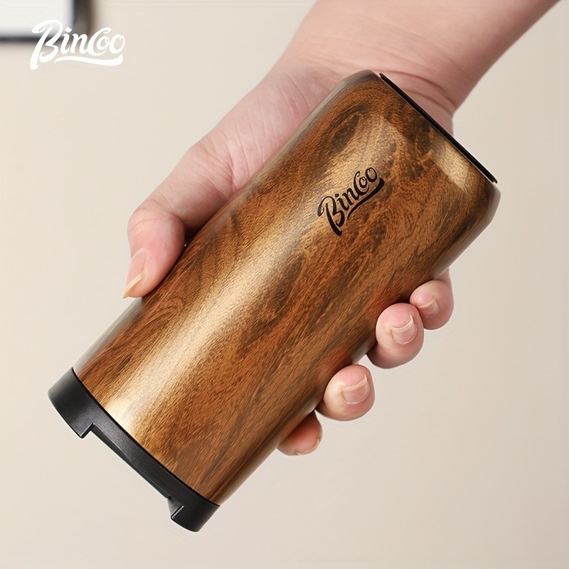 Bincoo Wood-Grain Vacuum Insulated Coffee Mug  Double-Wall Stainless Steel Portable Tumbler with Hanging Earl Design