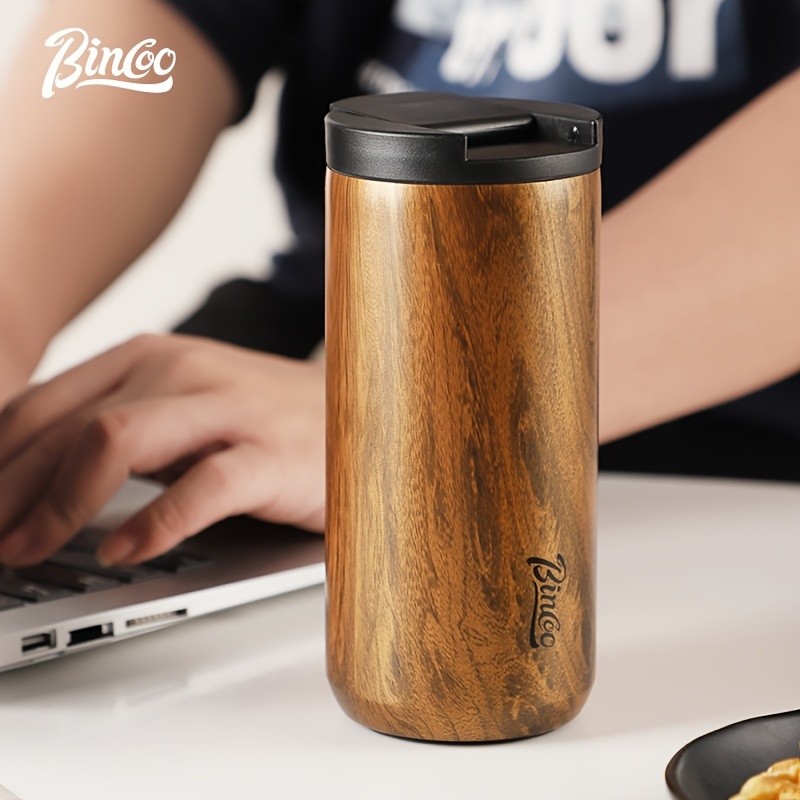 Bincoo Wood-Grain Vacuum Insulated Coffee Mug  Double-Wall Stainless Steel Portable Tumbler with Hanging Earl Design
