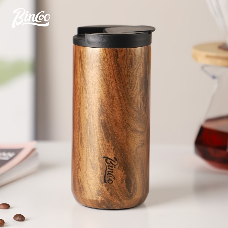 Bincoo Wood-Grain Vacuum Insulated Coffee Mug  Double-Wall Stainless Steel Portable Tumbler with Hanging Earl Design
