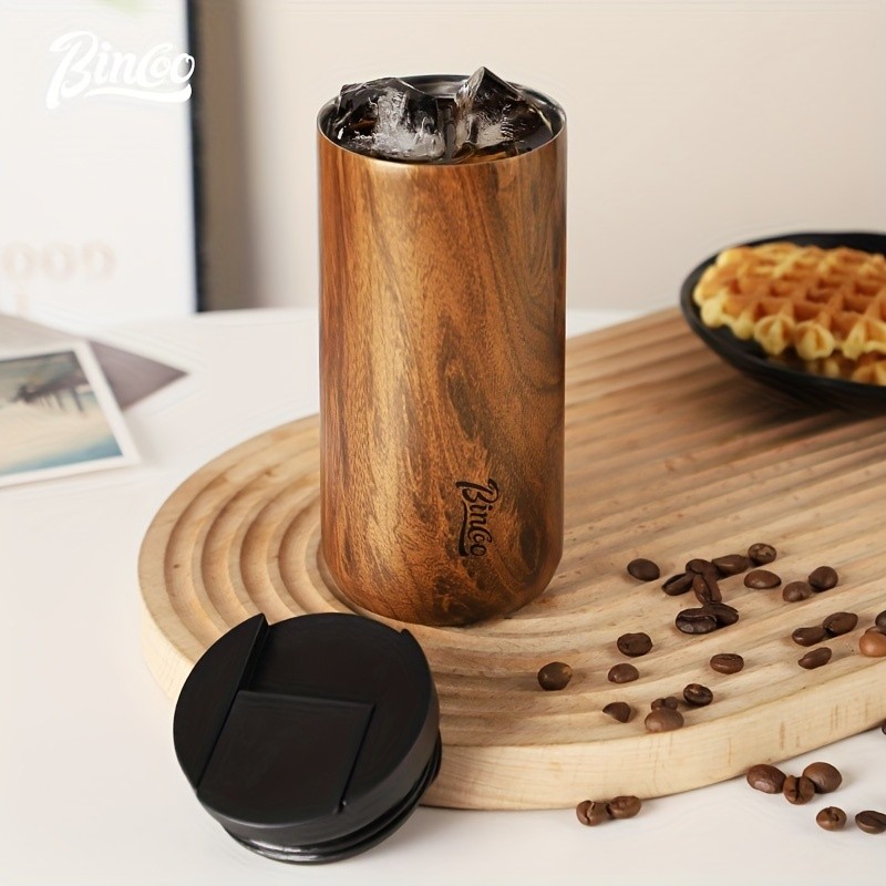 Bincoo Wood-Grain Vacuum Insulated Coffee Mug  Double-Wall Stainless Steel Portable Tumbler with Hanging Earl Design