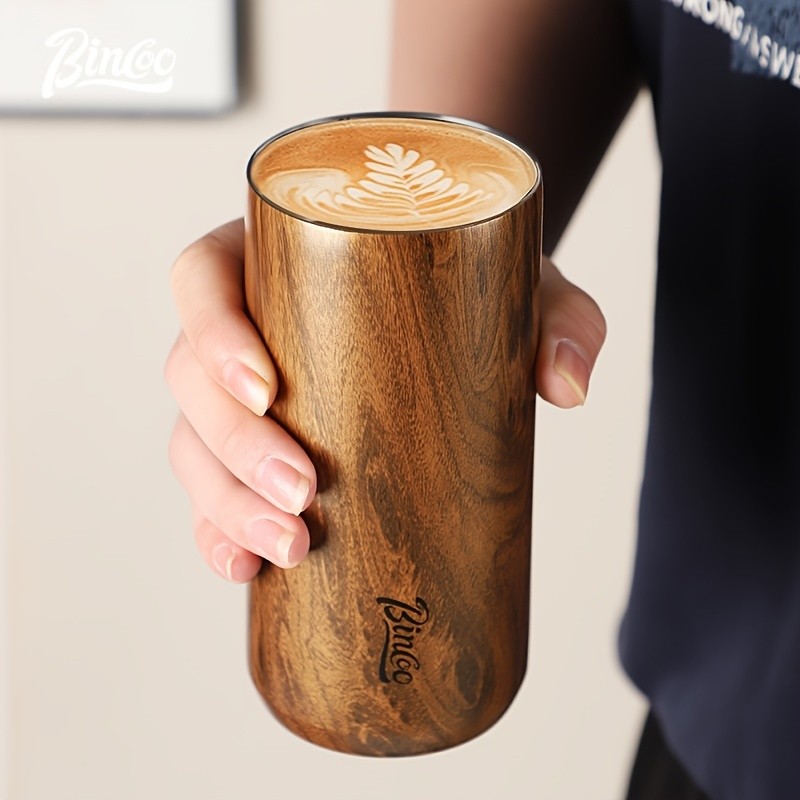 Bincoo Wood-Grain Vacuum Insulated Coffee Mug  Double-Wall Stainless Steel Portable Tumbler with Hanging Earl Design