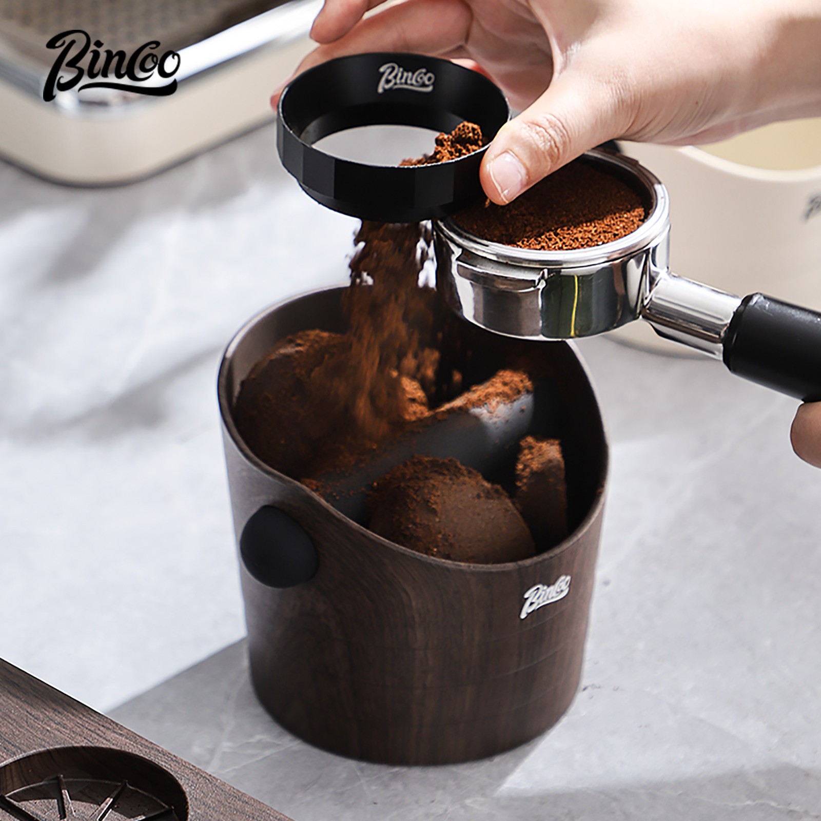 Bincoo Wood Grain Coffee Sludge Bucket Italian-Style ABS Knock Powder Container for Clean, Easy Waste Storage