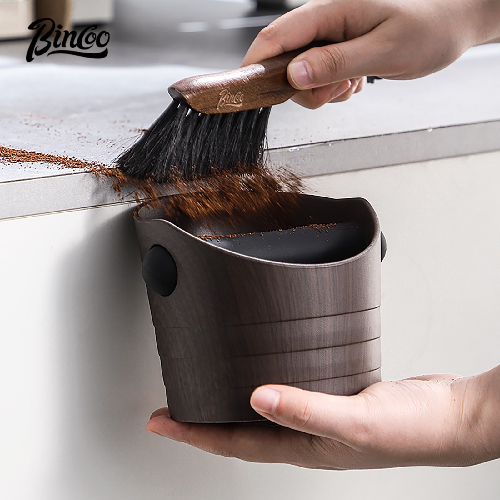 Bincoo Wood Grain Coffee Sludge Bucket Italian-Style ABS Knock Powder Container for Clean, Easy Waste Storage