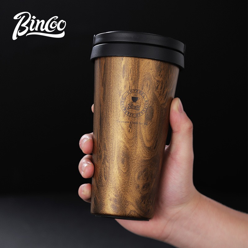 Bincoo Wood Grain Insulated Coffee Mug  Stainless Steel Leakproof Travel Tumbler