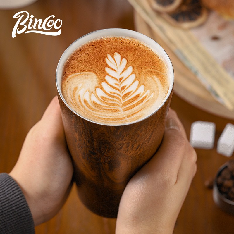 Bincoo Wood Grain Insulated Coffee Mug  Stainless Steel Leakproof Travel Tumbler
