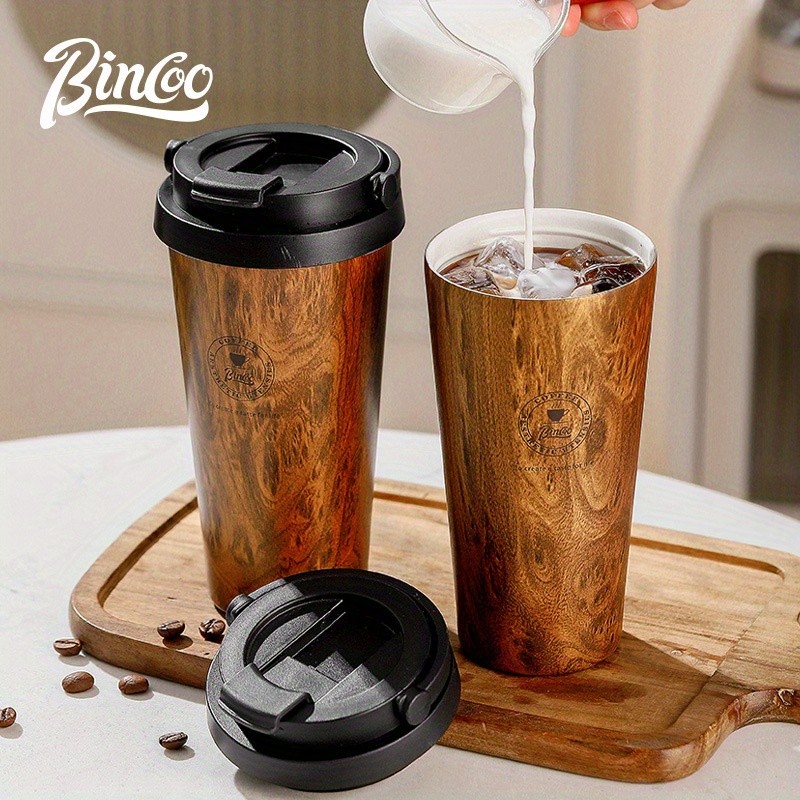 Bincoo Wood Grain Insulated Coffee Mug  Stainless Steel Leakproof Travel Tumbler