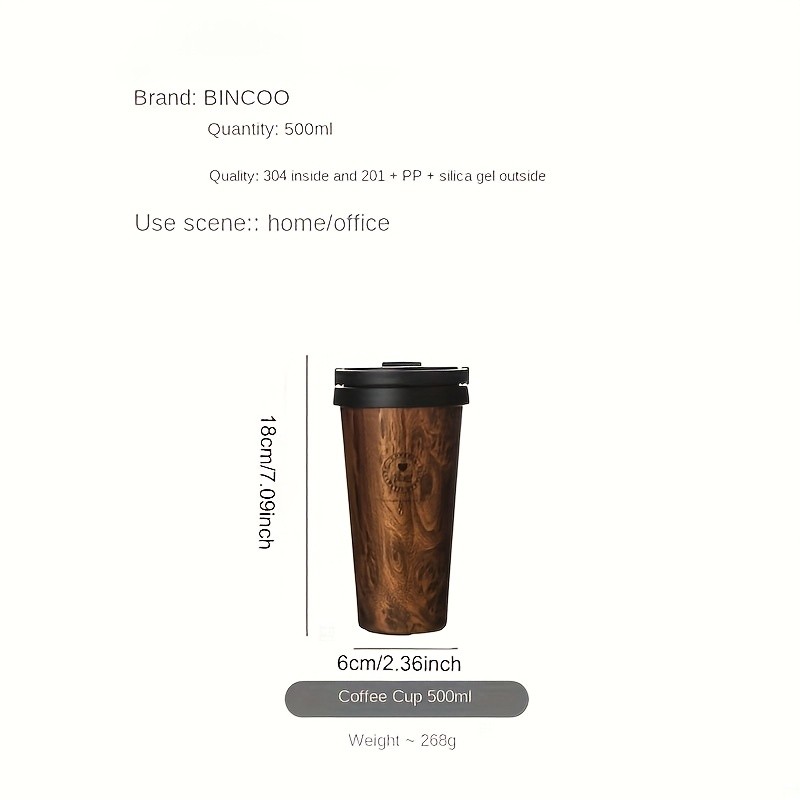 Bincoo Wood Grain Insulated Coffee Mug  Stainless Steel Leakproof Travel Tumbler