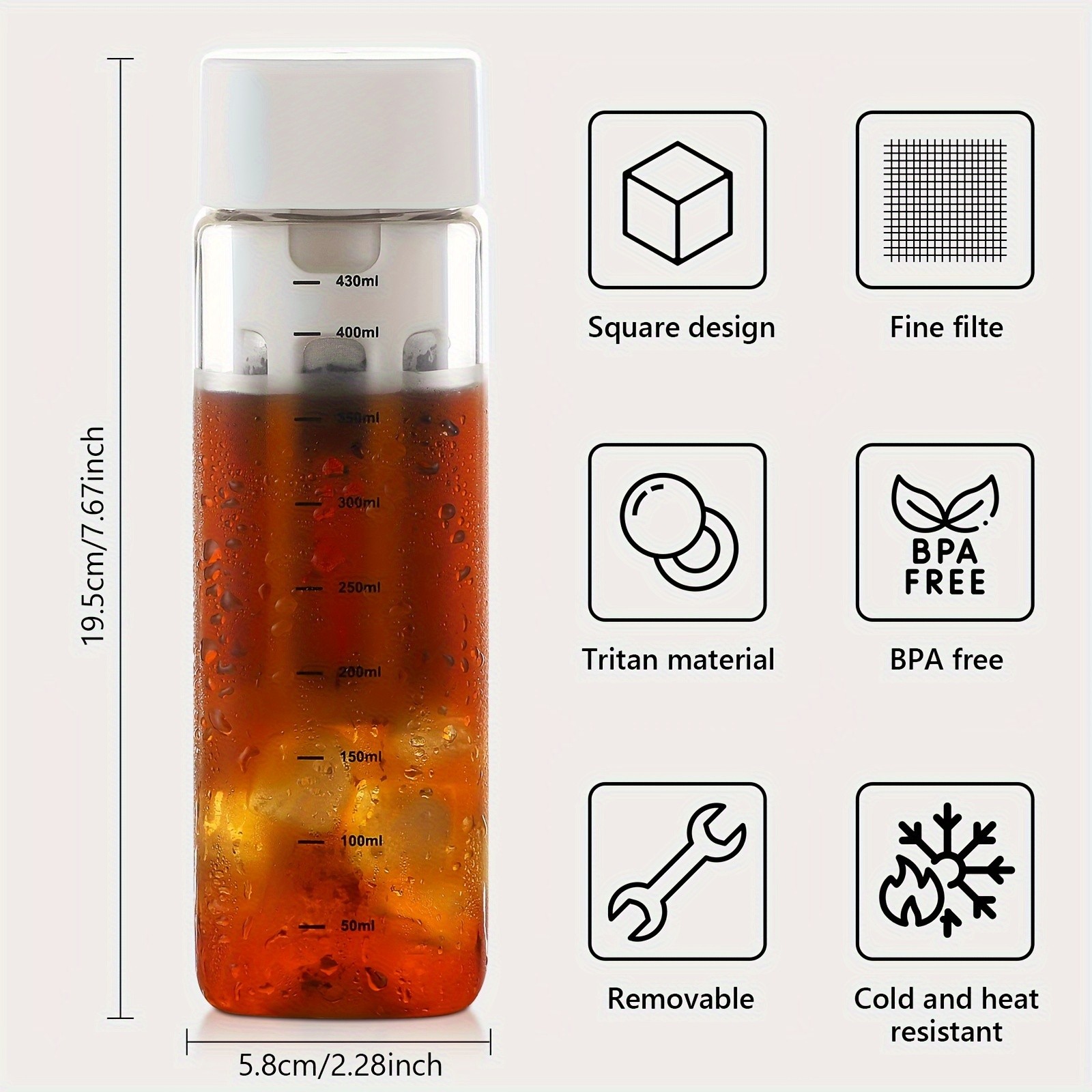 Bincoo Tritan Square Cold Brew Cup Reusable Filter Coffee Thermos