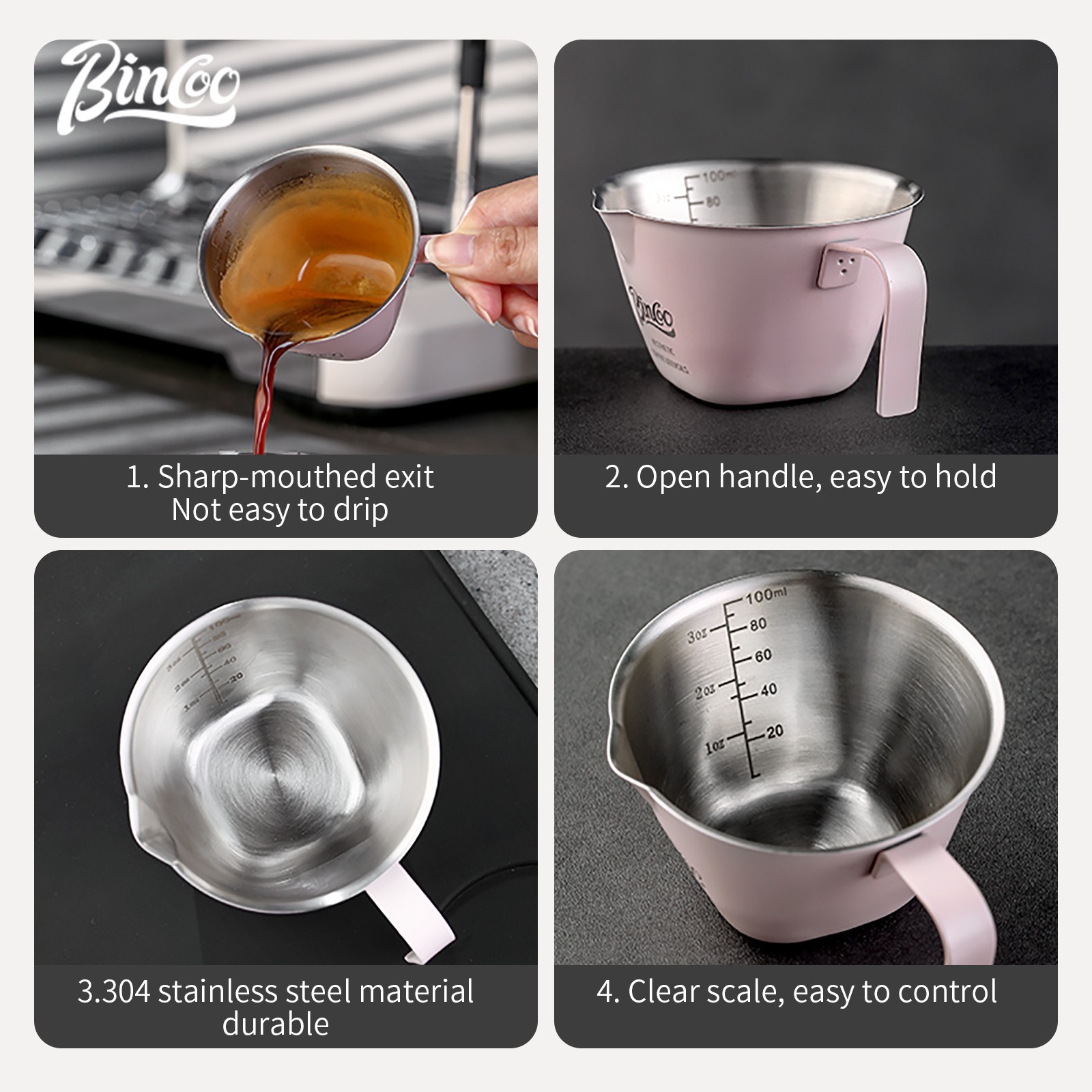 Bincoo Pink Stainless Espresso Measuring Cup  100ml Extraction Cup with Handle