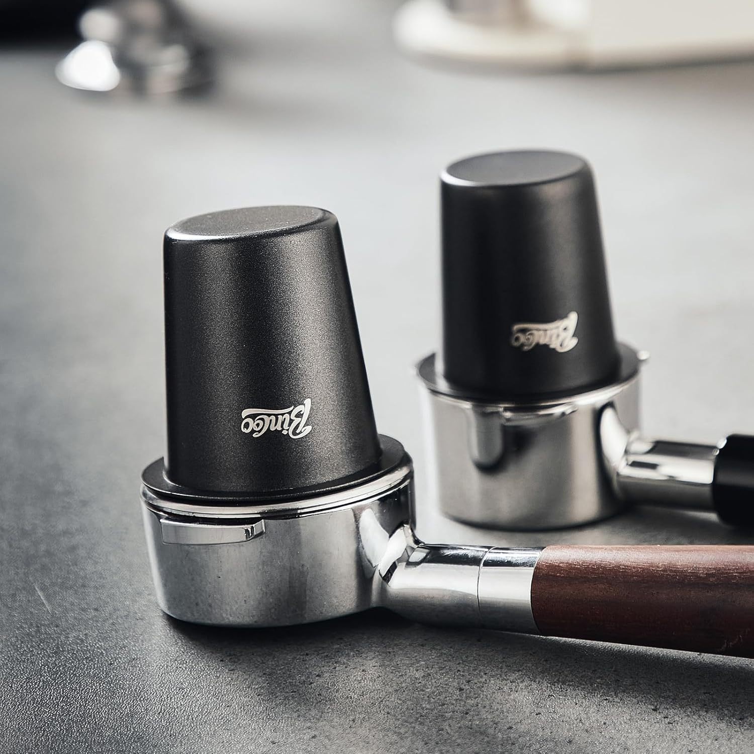 Bincoo 58mm Stainless Steel Dosing Cup Precision Coffee Measuring Tool with Black Cap