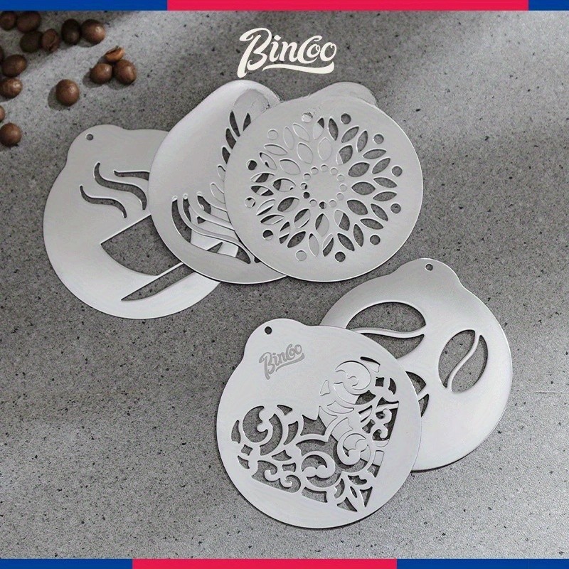 Bincoo Stainless Latte Art Mold Set  5pcs Coffee Pattern Stencil Kit