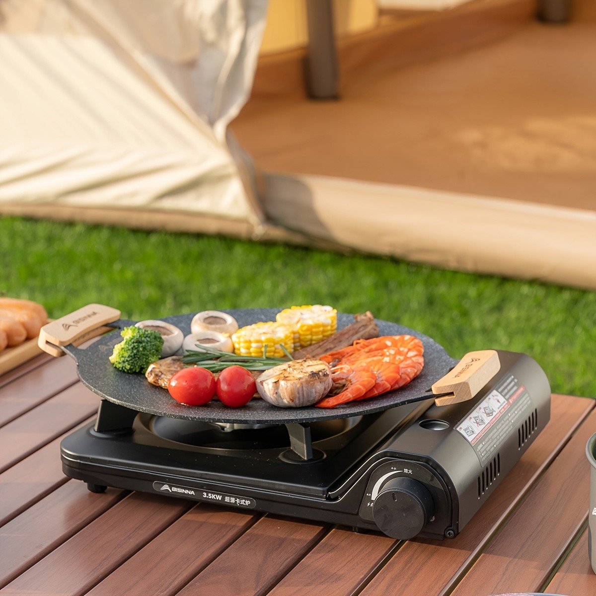 BISINNA Non-Stick Camping Frying Pan  Aluminum Alloy Outdoor Pan with Wooden Handles