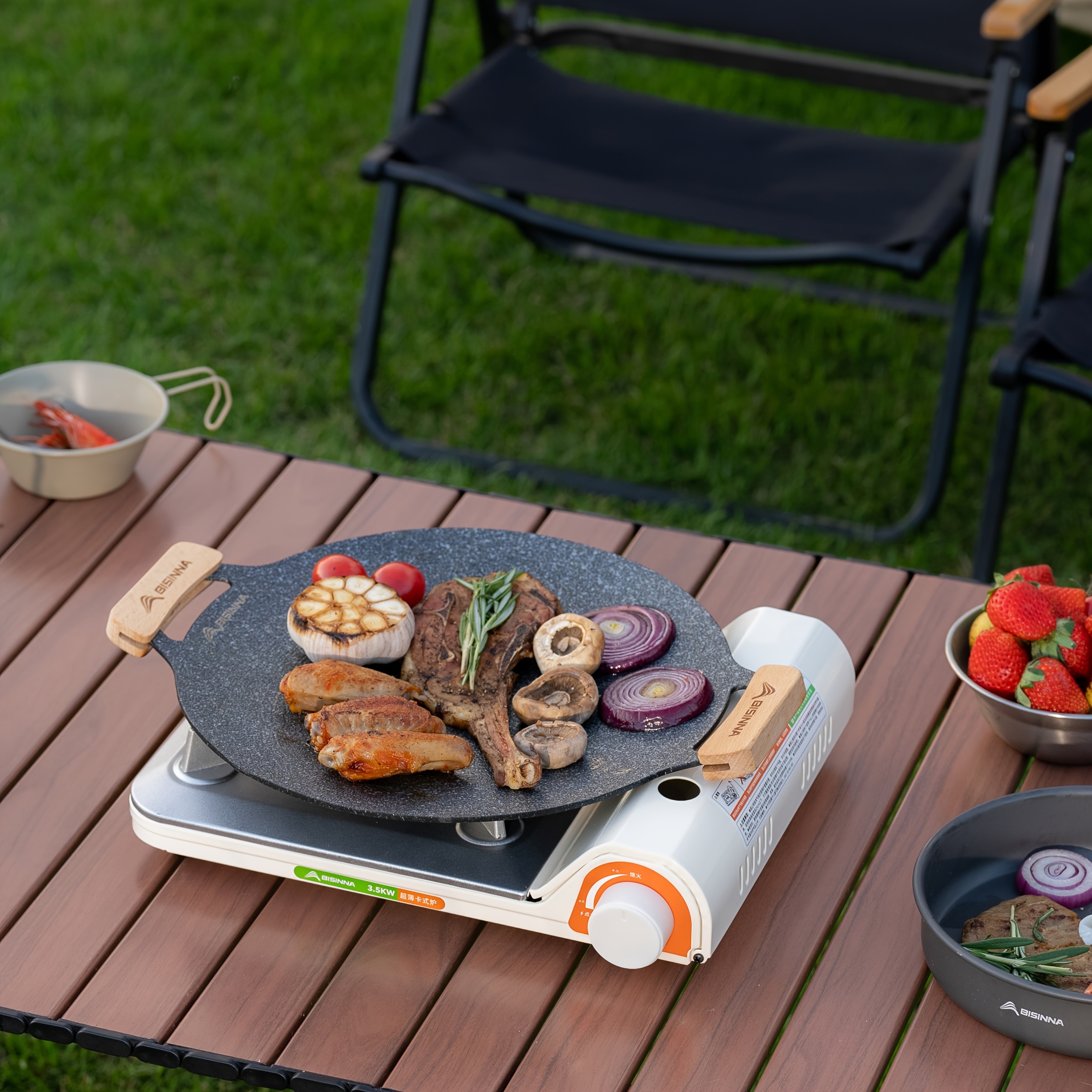 BISINNA Non-Stick Camping Frying Pan  Aluminum Alloy Outdoor Pan with Wooden Handles