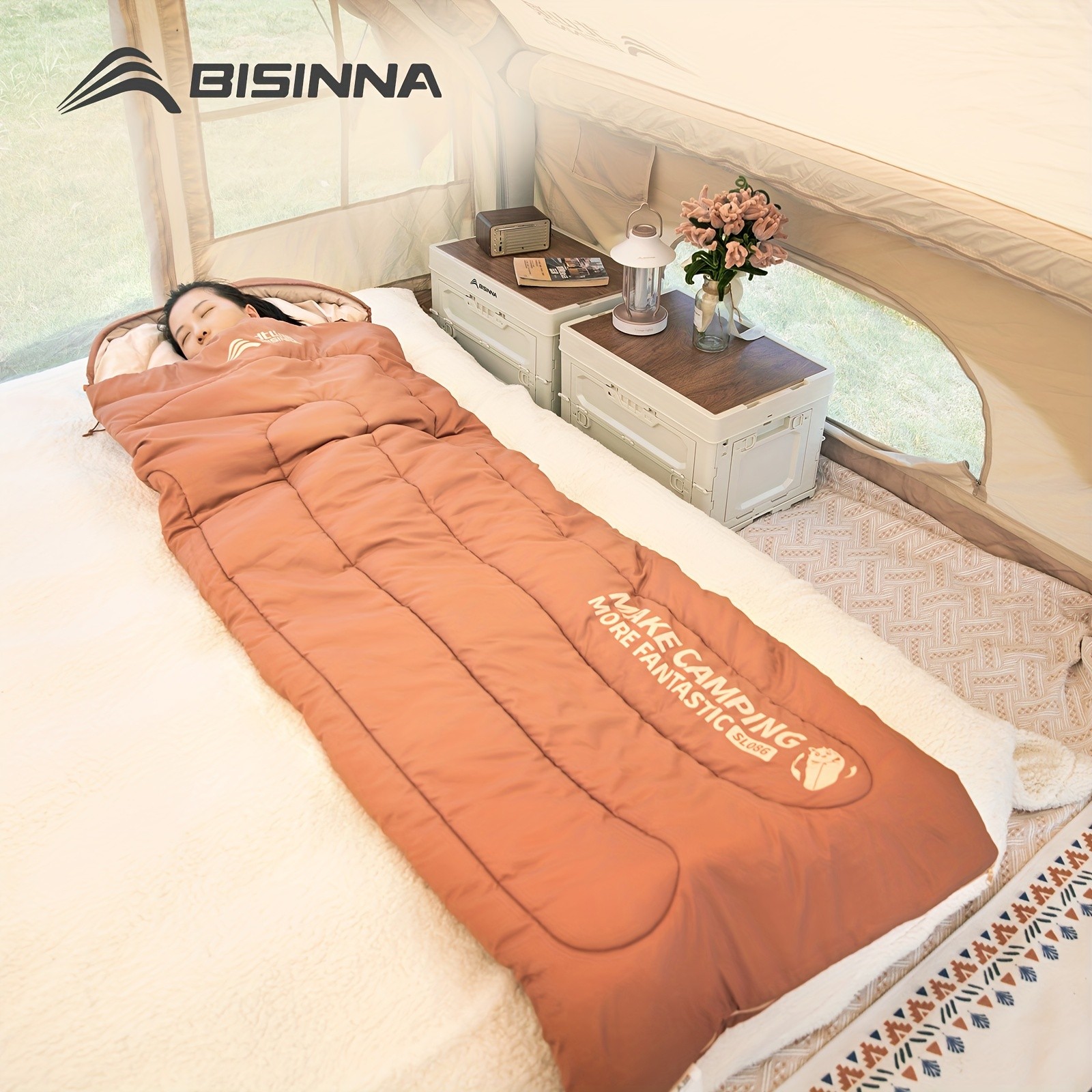 BISINNA Thickened Oval Quilt Sleeping Bag  Warm Synthetic Fiber Outdoor Camping Bag with Hood