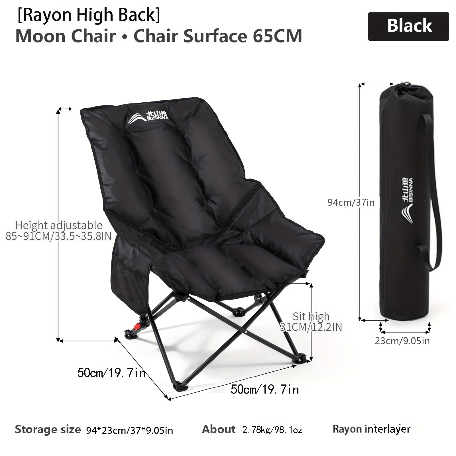 BISINNA Foldable High-Back Recliner  Cushioned Iron Alloy Outdoor Chair