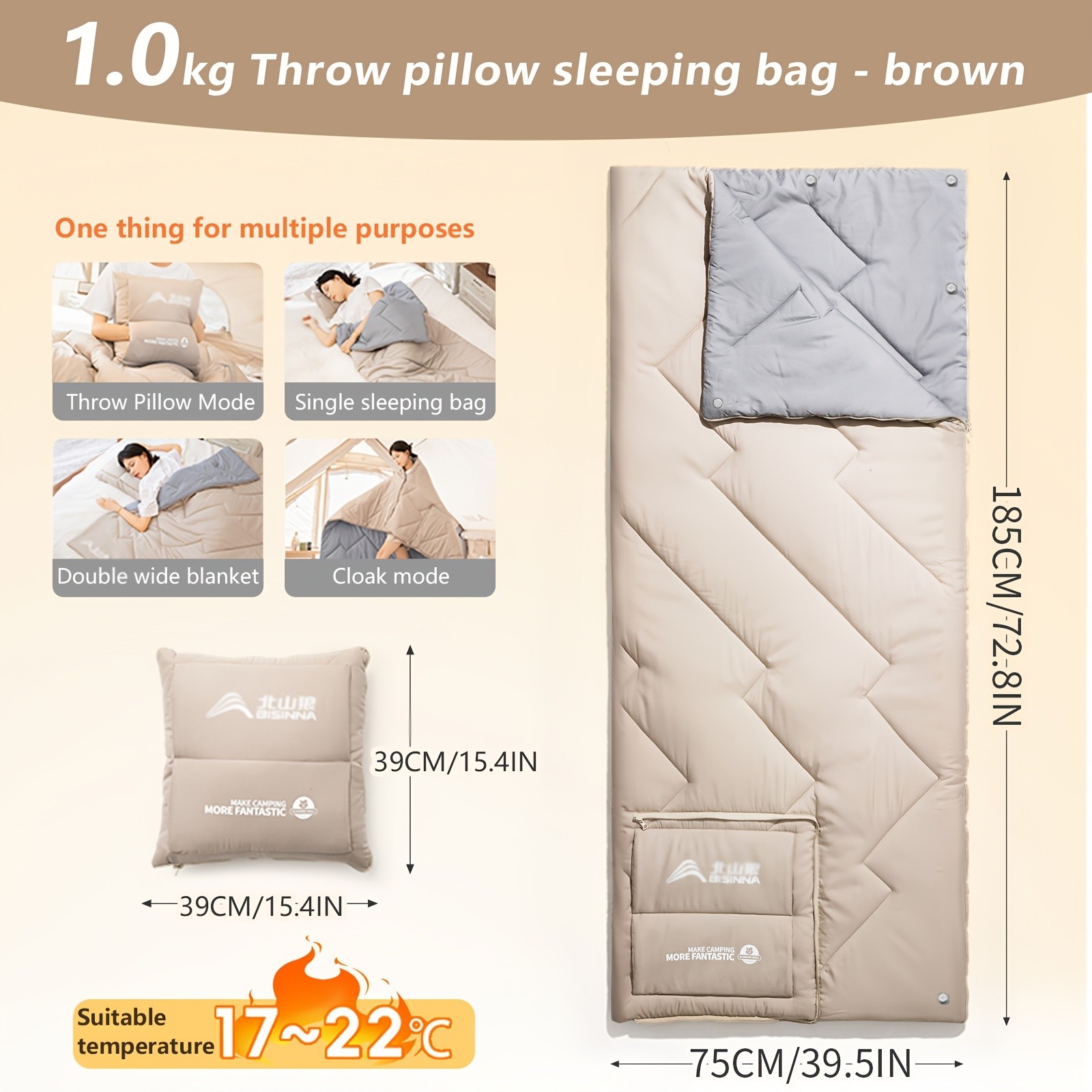 BISINNA 2-in-1 Sleeping Bag & Pillow  Lightweight Portable Polyester Travel Bag