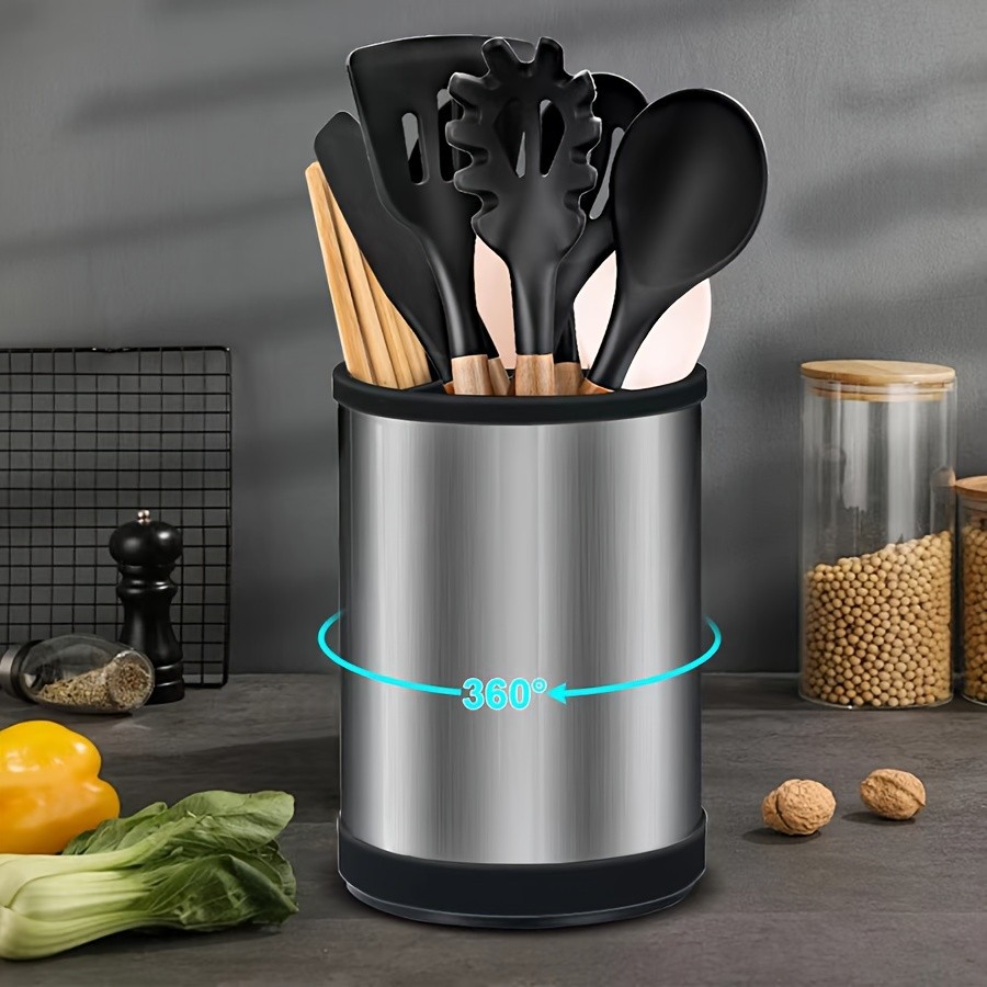WIEZ Rotating Stainless Steel Utensil Holder  360 Cutlery & Tool Organiser with Drainage and Dividers