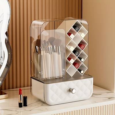 Plastic Cosmetic Organizer Box  Compact Makeup Storage with Brush & Lipstick Holders