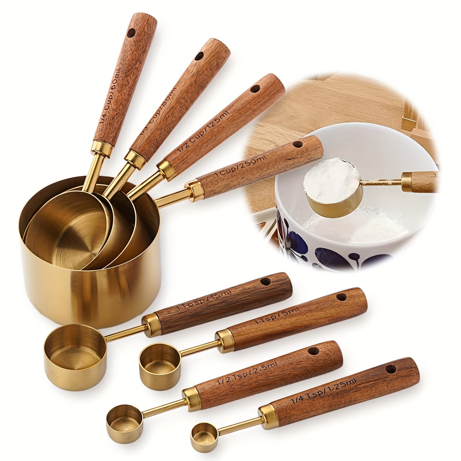 WIEZ Stainless Steel Measuring Cup & Spoon Set  4/8-Piece Polished Set with Wooden Handles & Dual Markings