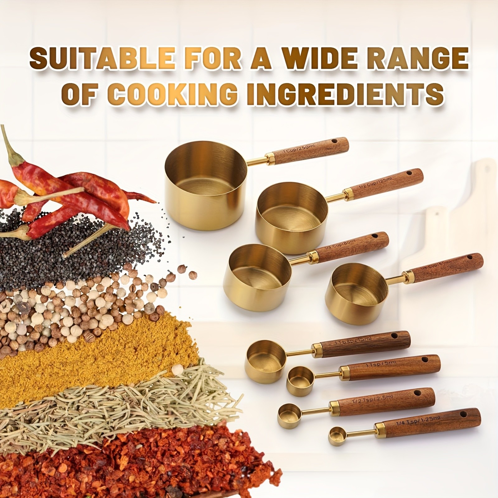 WIEZ Stainless Steel Measuring Cup & Spoon Set  4/8-Piece Polished Set with Wooden Handles & Dual Markings