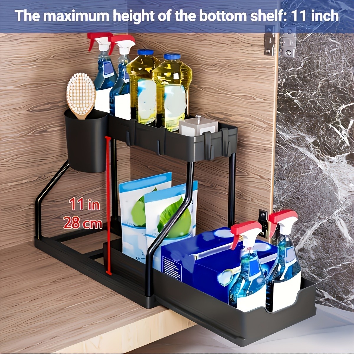 WIEZ Multi-Tier Pull-Out Kitchen Sink Organizer  Durable Space-Saving Storage Rack with Removable Shelves