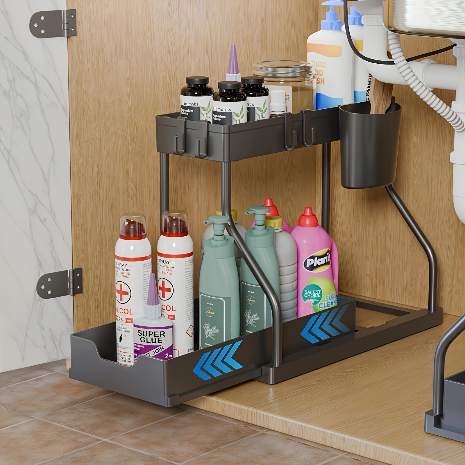 WIEZ Multi-Tier Pull-Out Kitchen Sink Organizer  Durable Space-Saving Storage Rack with Removable Shelves