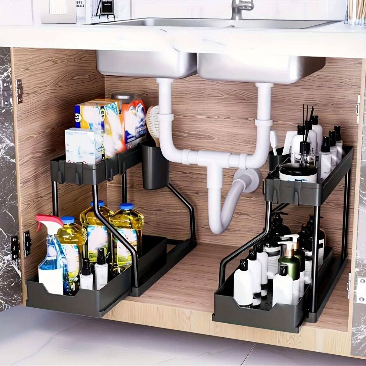 WIEZ Multi-Tier Pull-Out Kitchen Sink Organizer  Durable Space-Saving Storage Rack with Removable Shelves