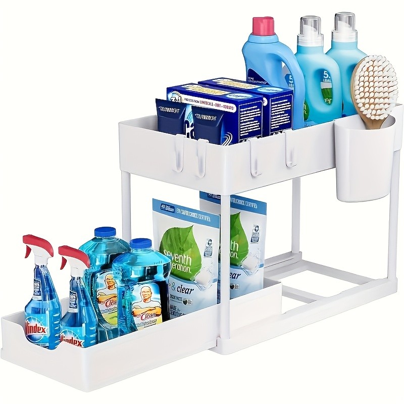 WIEZ 2-Layer Sliding Sink Storage Rack  Multi-Tier Cabinet Organizer with Drawers & Hooks for Kitchen and Bathroom