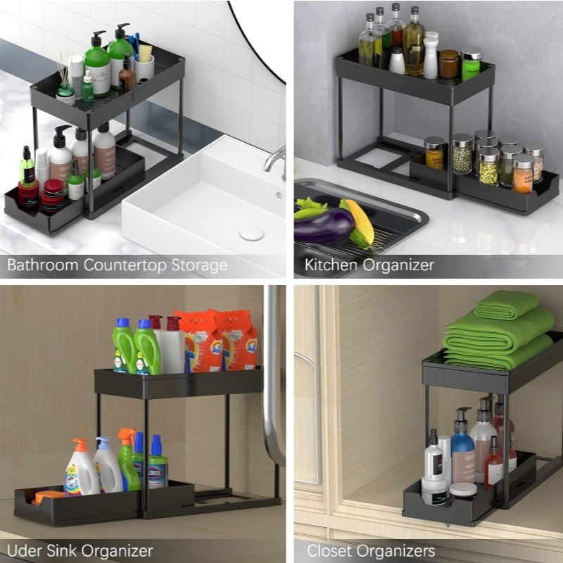 WIEZ 2-Layer Sliding Sink Storage Rack  Multi-Tier Cabinet Organizer with Drawers & Hooks for Kitchen and Bathroom