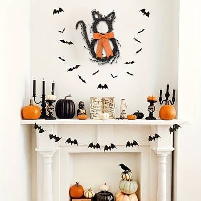 NLDD Black Cat Silhouette Twig Wreath  Halloween & Day of the Dead Door Hanging Dcor