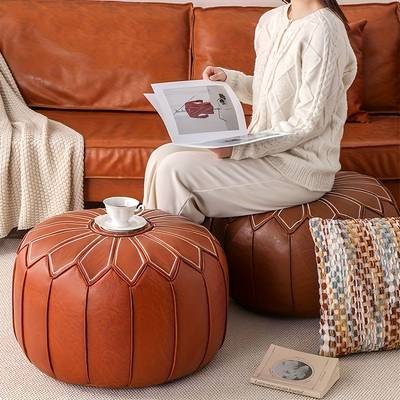 PMMJ Vintage Moroccan Floor Cushion  Round Oil-Waxed Leather Meditation & Lounge Mat