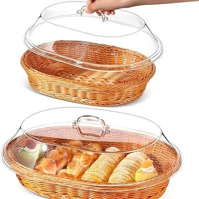 PMMJ Wicker Bread Basket with Clear Acrylic Lid  Round Food Display Tray