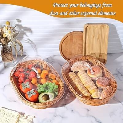 PMMJ Wicker Bread Basket with Clear Acrylic Lid  Round Food Display Tray