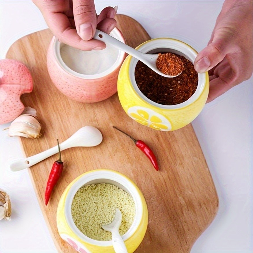 WIEZ Ceramic Fruit-Shaped Salt & Pepper Shakers  Decorative Lidded Jars with Spoons for Spices, Sugar & Tea